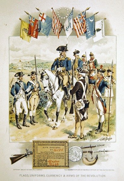 American Flags, Uniforms, Currency & Arms of the Revolution, illustration från "Young People
