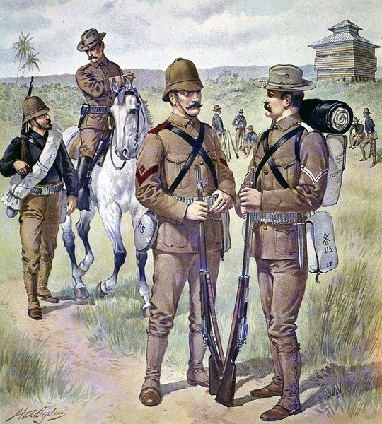 US Army uniformer 1898-1900: Khaki fältklänning för värvade män (färg litho) av Henry Alexander (after) Ogden