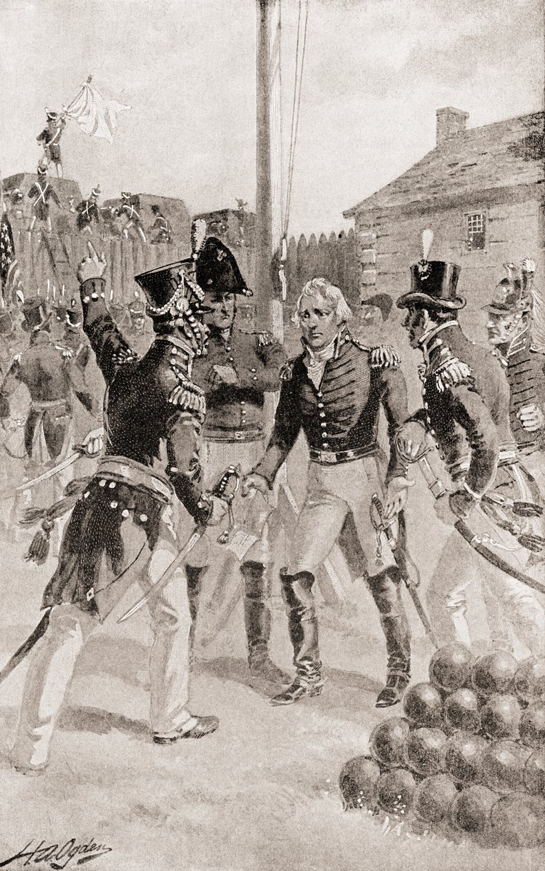 Brigadgeneral William Hull överlämnar fortet och staden Detroit, Michigan, Amerika under belägringen av Detroit, från The History of Our Country, publicerad 1905 av Henry Alexander Ogden