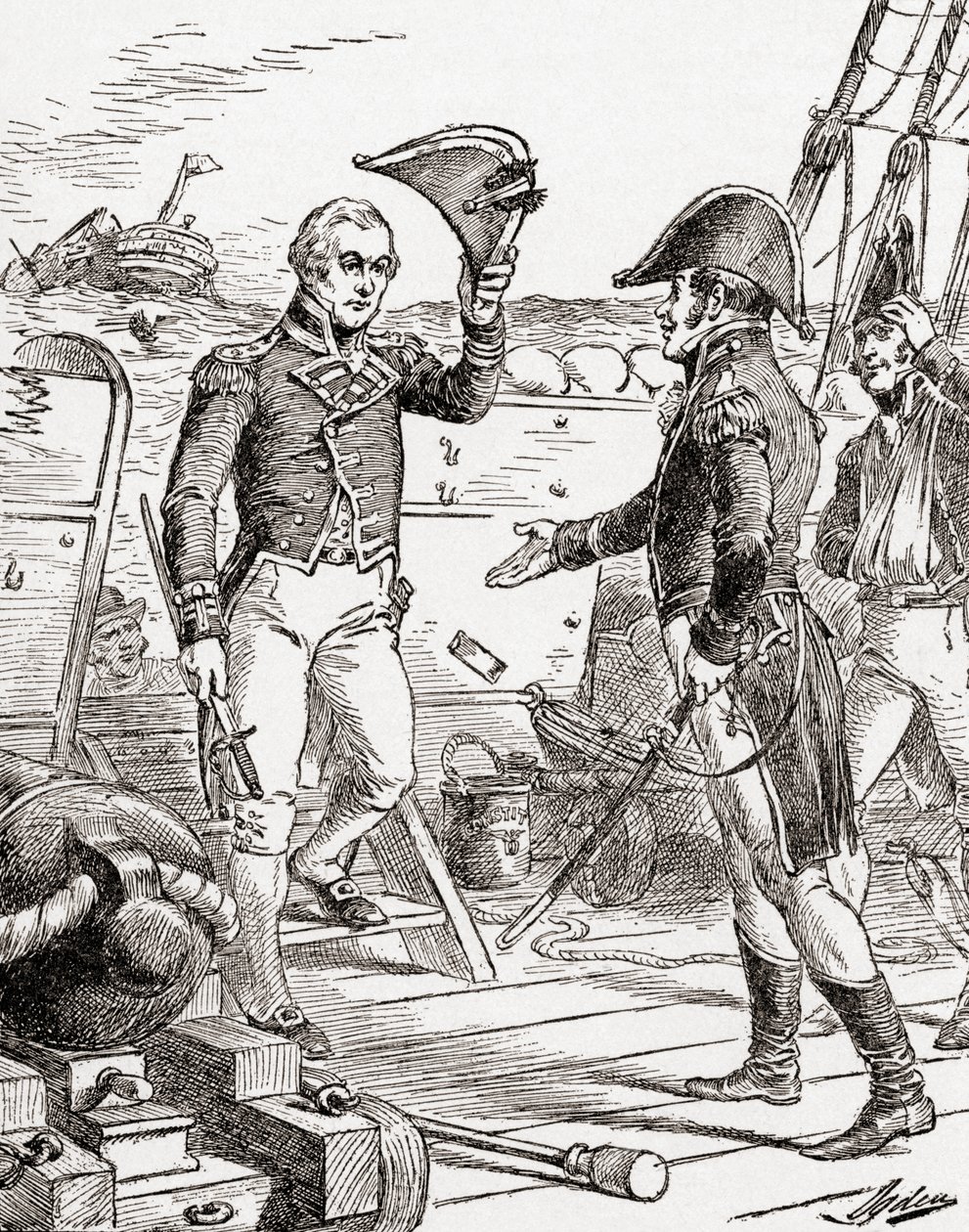 Kapten Dacres från HMS Guerriere kapitulerar och erbjuder sitt svärd till kapten Hull ombord på USS Constitution efter hans nederlag under kriget 1812, från The History of Our Country, publicerad 19 av Henry Alexander Ogden