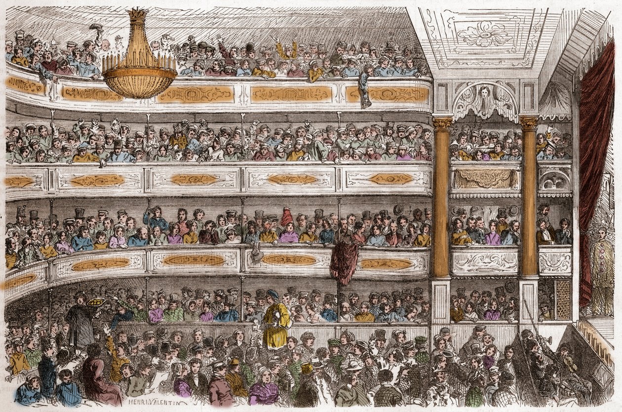 Auditoriet för Theatre des Funambules i Paris på 1800-talet - Theatre des Funambules, boulevard du Temple a Paris, på 1800-talet - Gravyr av Henri Valentin (1822-1886) i "Tableau-de-Paris" av Edmond Texier 1852 av Henry Augustin Valentin