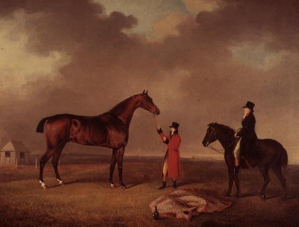 Bay Horse med brudgummen på Newmarket Heath av Henry Bernard Chalon
