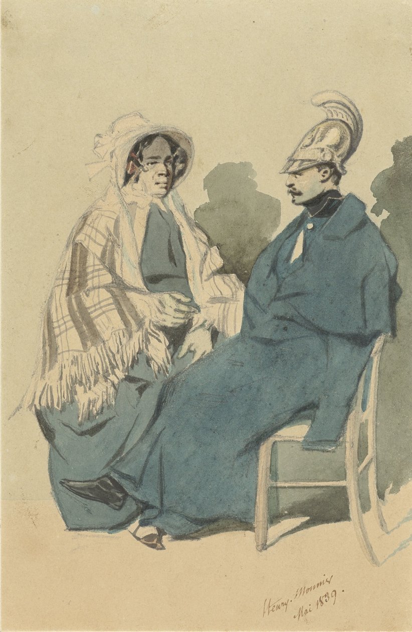 Cuirassier med hjälm och blå kappa, sitter bredvid en gammal dam på resetoalett av Henry Bonaventure Monnier