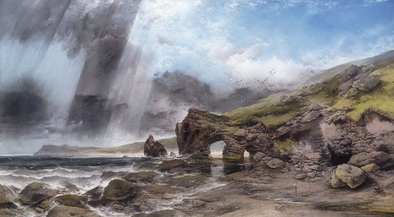 En stenig kustlinje vid Padstow, Cornwall, av Henry Bright