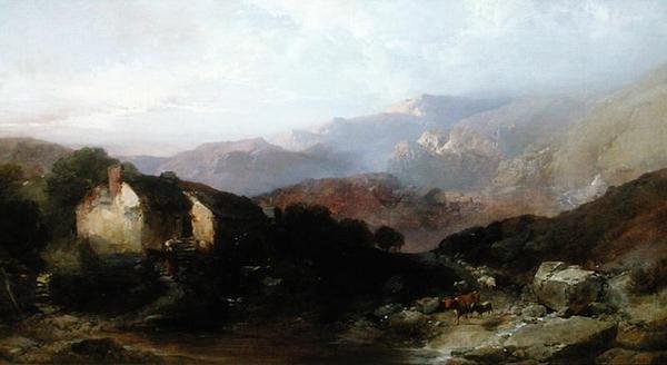 Utsikt i norra Wales med Overshot Mill, boskap och får (olja på duk) av Henry Bright