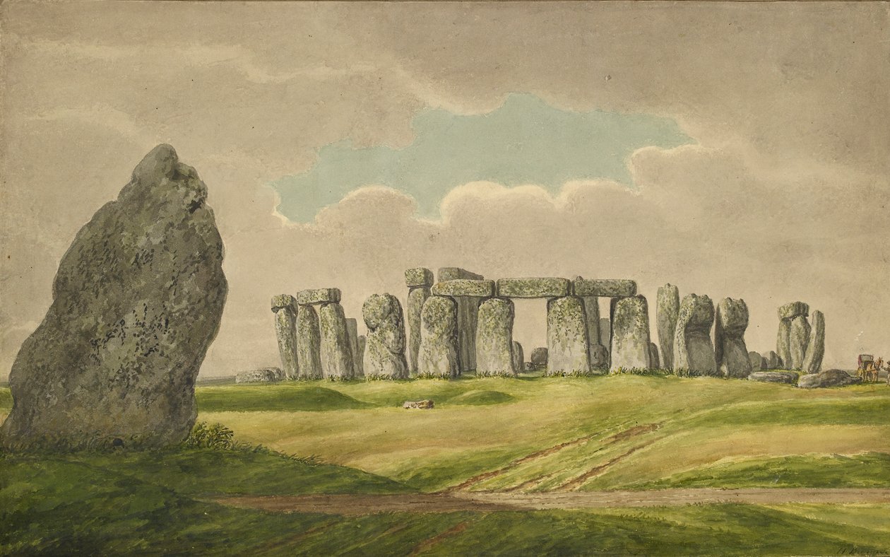 Stonehenge från N.E., visar ruiner och klacksten med vagn, häst, person, 1824-1839 av Henry Browne