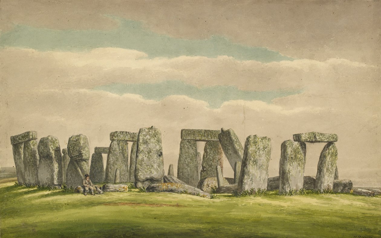 Stonehenge från N.W., visar ruiner med man och hund, 1824-1839 av Henry Browne