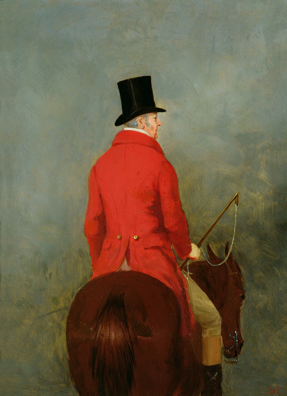 Porträtt av Thomas Cholmondeley, första lord Delamere, på sin jägare: En studie för "The Cheshire Hunt at Tatton Park". av Henry Calvert