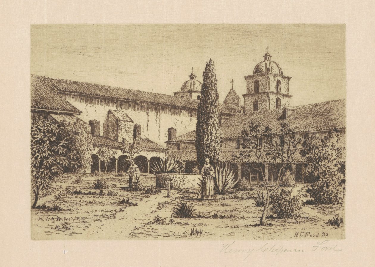 Trädgård, Mission Santa Barbara, 1888. av Henry Chapman Ford