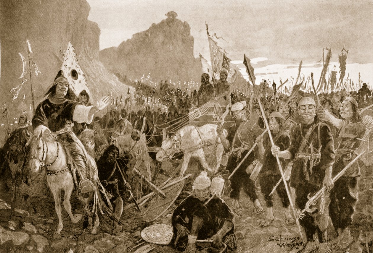Soldater med "bitar" i munnen, illustration från "Hutchinsons History of the Nations", ca 1920 av Henry Charles Seppings Wright