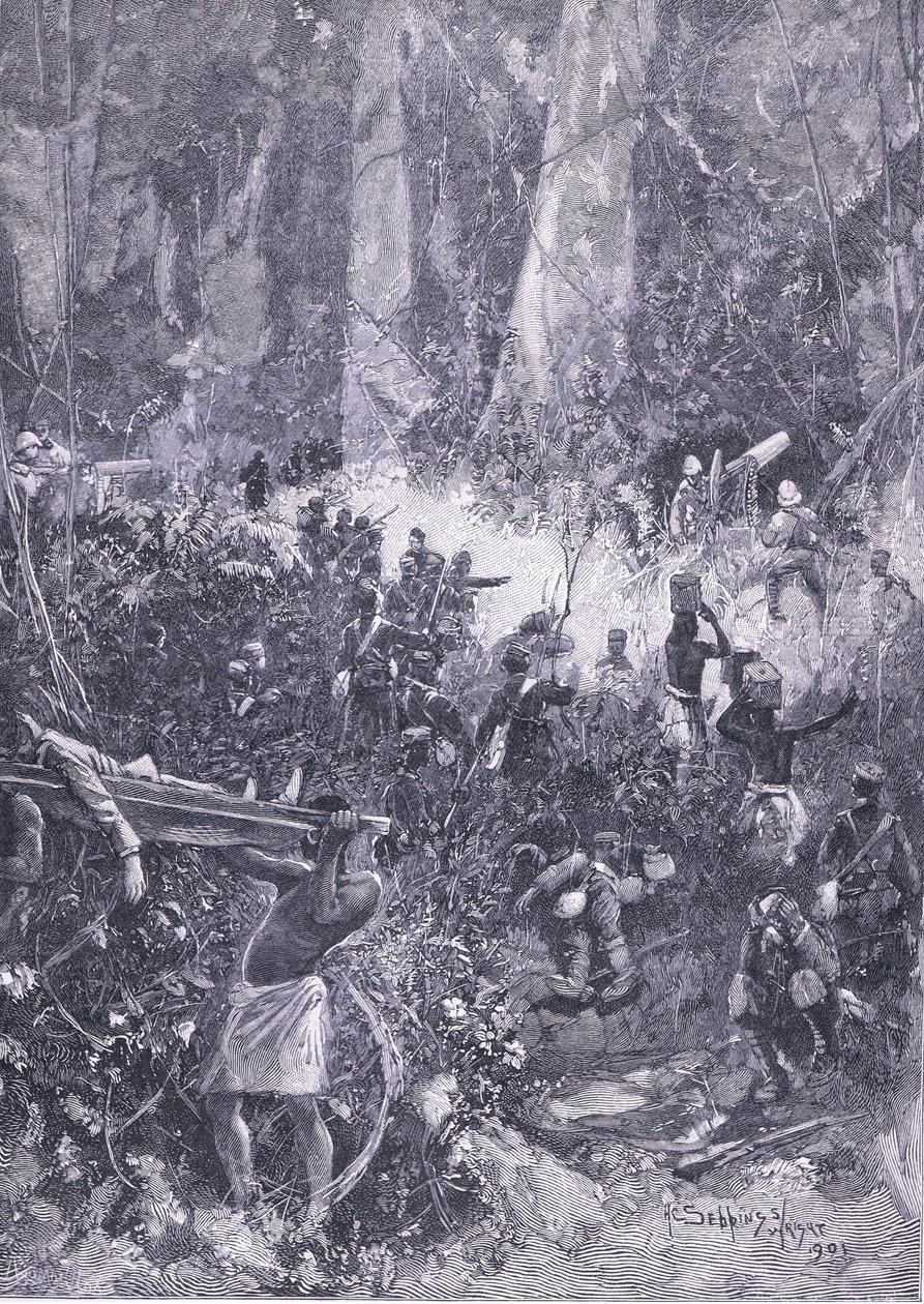 The Ashanti War 1900: A fight in the forest, illustration från Cassells History of England, 1900-talet av Henry Charles Seppings Wright