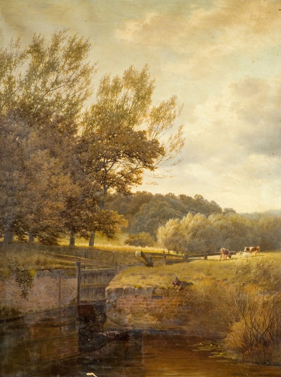 Skogbevuxen landskap med pojke som fiskar i ett sluss, 1931. av Henry Cheadle