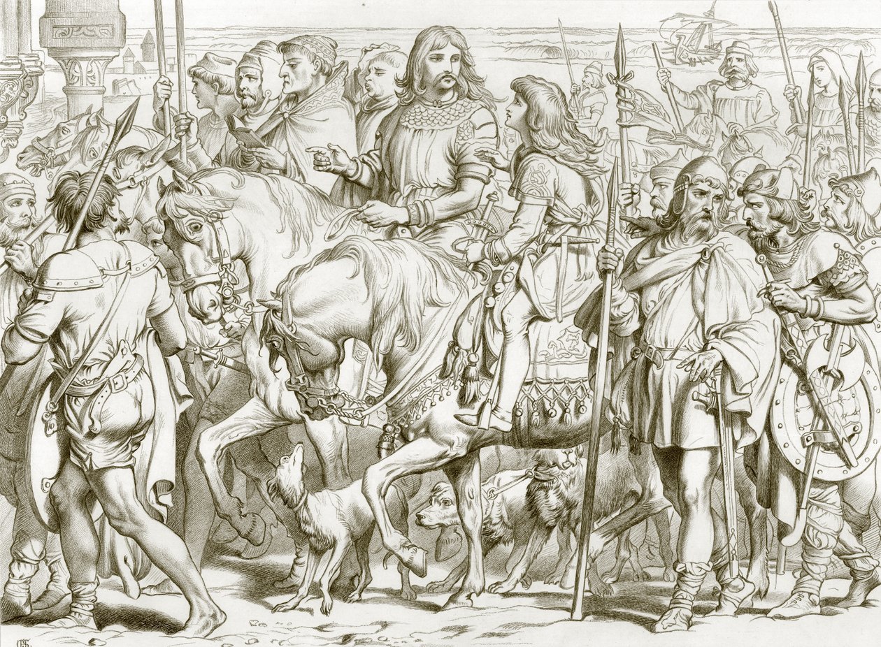 Hereward går in i den invigda fästningen St Bertin (gravyr) av Henry Courtney (after) Selous
