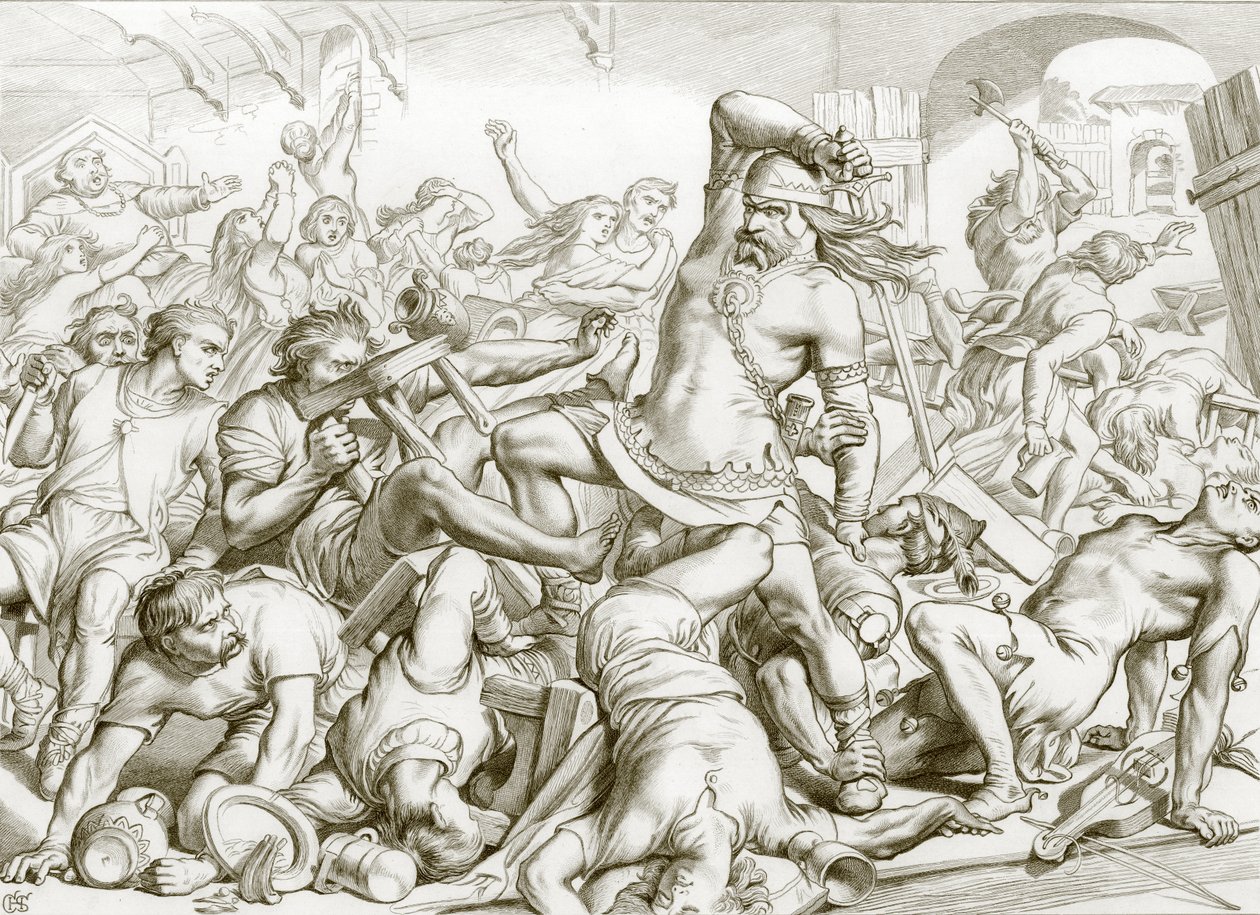 Hur Hereward befriade Bourne från fransmän (gravyr) av Henry Courtney (after) Selous