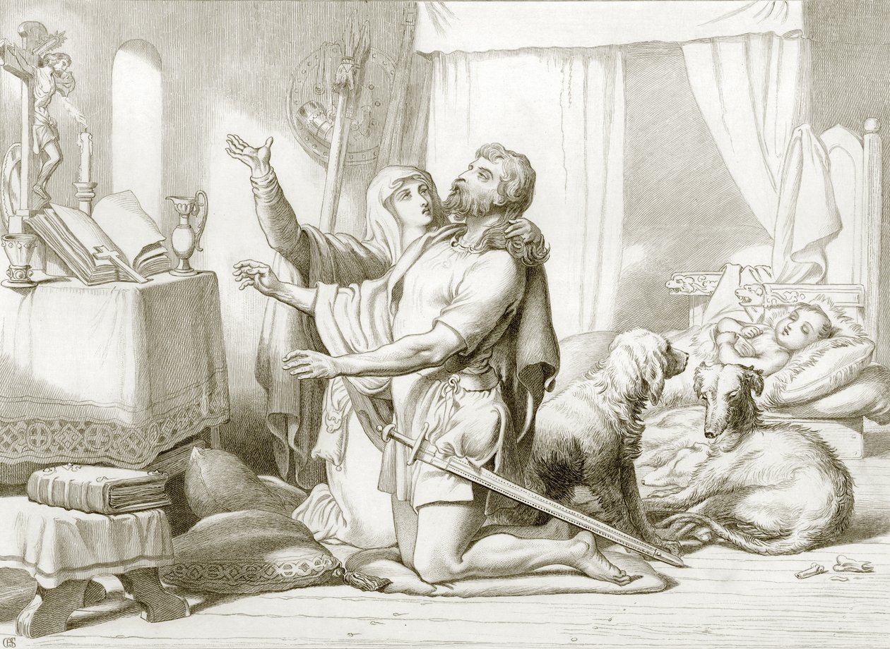 Hur Torfrida lär Hereward att be (gravyr) av Henry Courtney (after) Selous