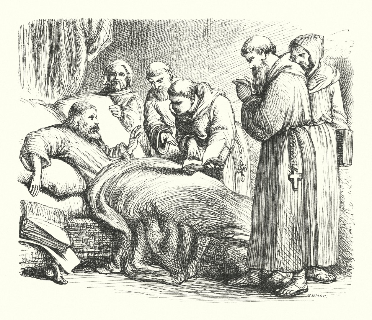 Wycliffe på sin dödsbädd (gravyr) av Henry Courtney (after) Selous