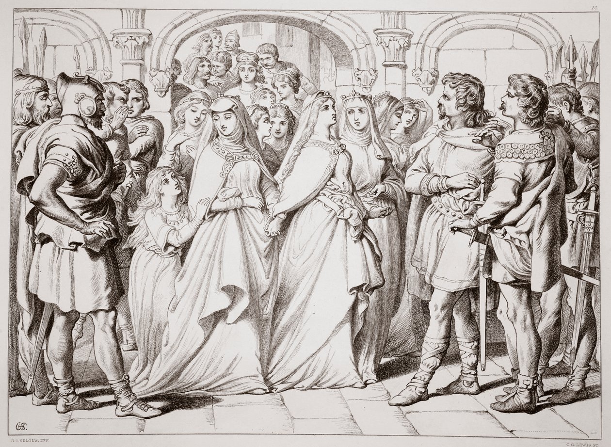 Alftruda känner igen Hereward, illustration från Hereward the Great av Charles Kingsley, utgiven av Charles Kingsley. 1870, graverad av C.G. Lewis (stålplåtsgravyr) av Henry Courtney Selous
