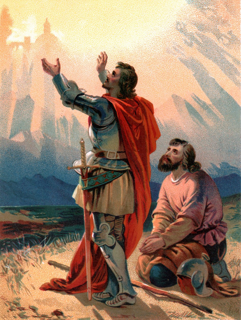 "Christian, pilgrimen i titeln, knäböjer av förundran när han och hans följeslagare kommer inom synhåll för den heliga staden" av Henry Courtney Selous