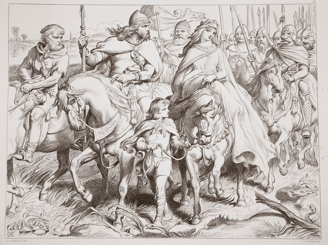 Hereward vaktar Alftruda till en plats för säkerhet, illustration från Hereward den store av Charles Kingsley, pub. 1870, graverad av C.G. Lewis (gravyr av stålplåt) av Henry Courtney Selous