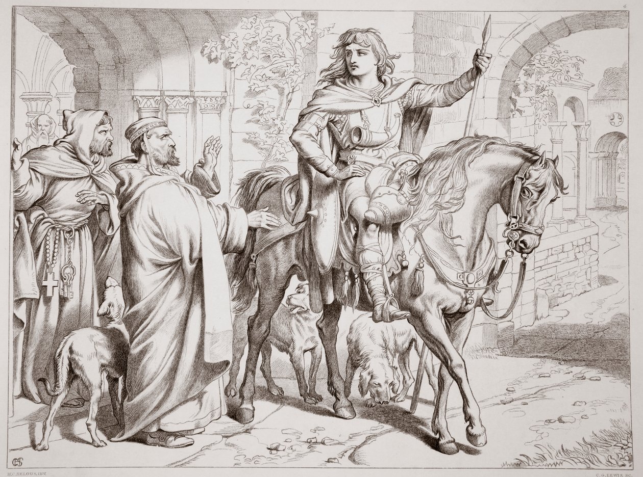Hereward informerar sin farbror Prior om att han är på väg att bli förbjuden, illustration från Hereward the Great av Charles Kingsley, pub. 1870, graverad av C.G. Lewis (gravyr av stålplåt) av Henry Courtney Selous