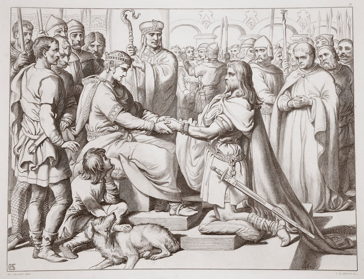 How Hereward kom in till kungen, illustration från Hereward the Great av Charles Kingsley, pub. 1870, graverad av C.G. Lewis (gravyr av stålplåt) av Henry Courtney Selous