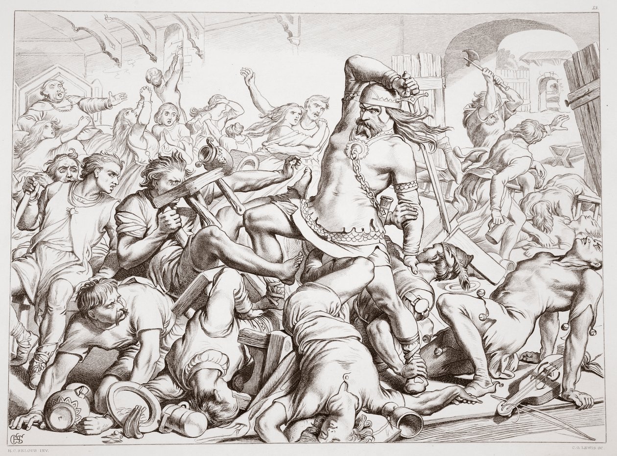 Hur Hereward rensade Bourne från fransmän, illustration från Hereward den store av Charles Kingsley, pub. 1870, graverad av C.G. Lewis (gravyr av stålplåt) av Henry Courtney Selous