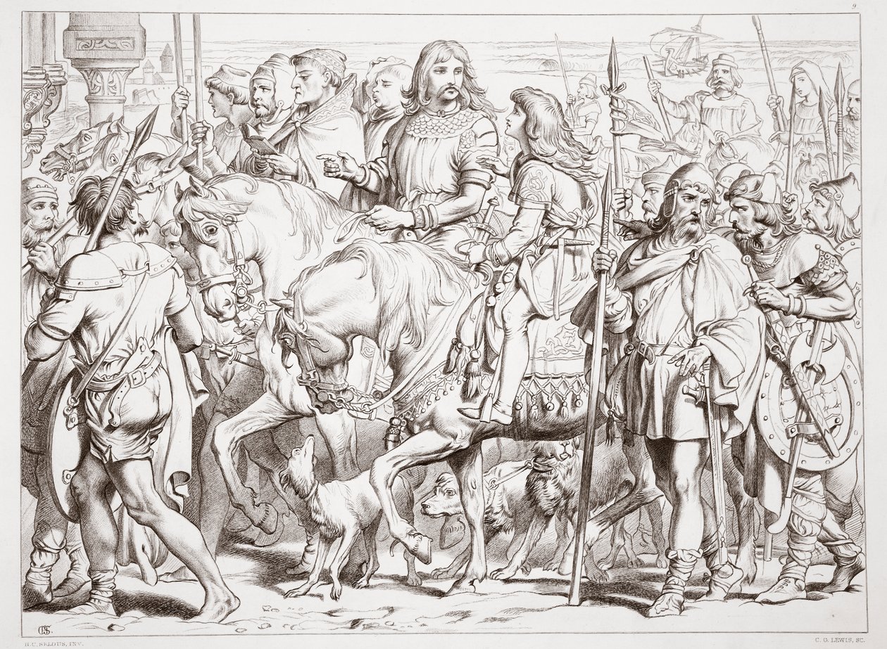 Hur Hereward går in i den invigda fästningen St. Bertin, illustration från Hereward den store av Charles Kingsley, pub. 1870, graverad av C.G. Lewis (gravyr av stålplåt) av Henry Courtney Selous