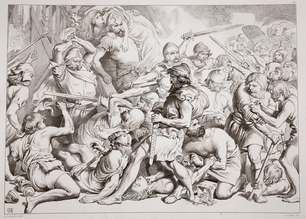 Hur Hereward räddar Alftruda, illustration från Hereward the Great av Charles Kingsley, pub. 1870, graverad av C.G. Lewis (stålplåtsgravyr) av Henry Courtney Selous