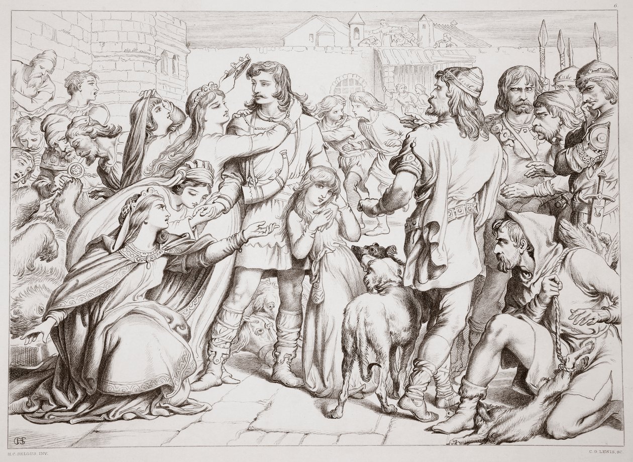 How Hereward dräpte björnen, illustration från Hereward the Great av Charles Kingsley, pub. 1870, graverad av C.G. Lewis (gravyr av stålplåt) av Henry Courtney Selous
