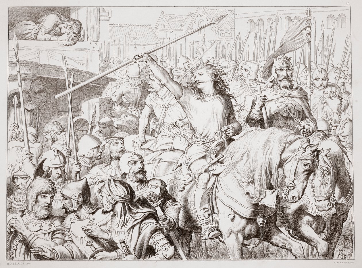 How Hereward vände Berserker, illustration från Hereward the Great av Charles Kingsley, pub. 1870, graverad av C.G. Lewis (gravyr av stålplåt) av Henry Courtney Selous