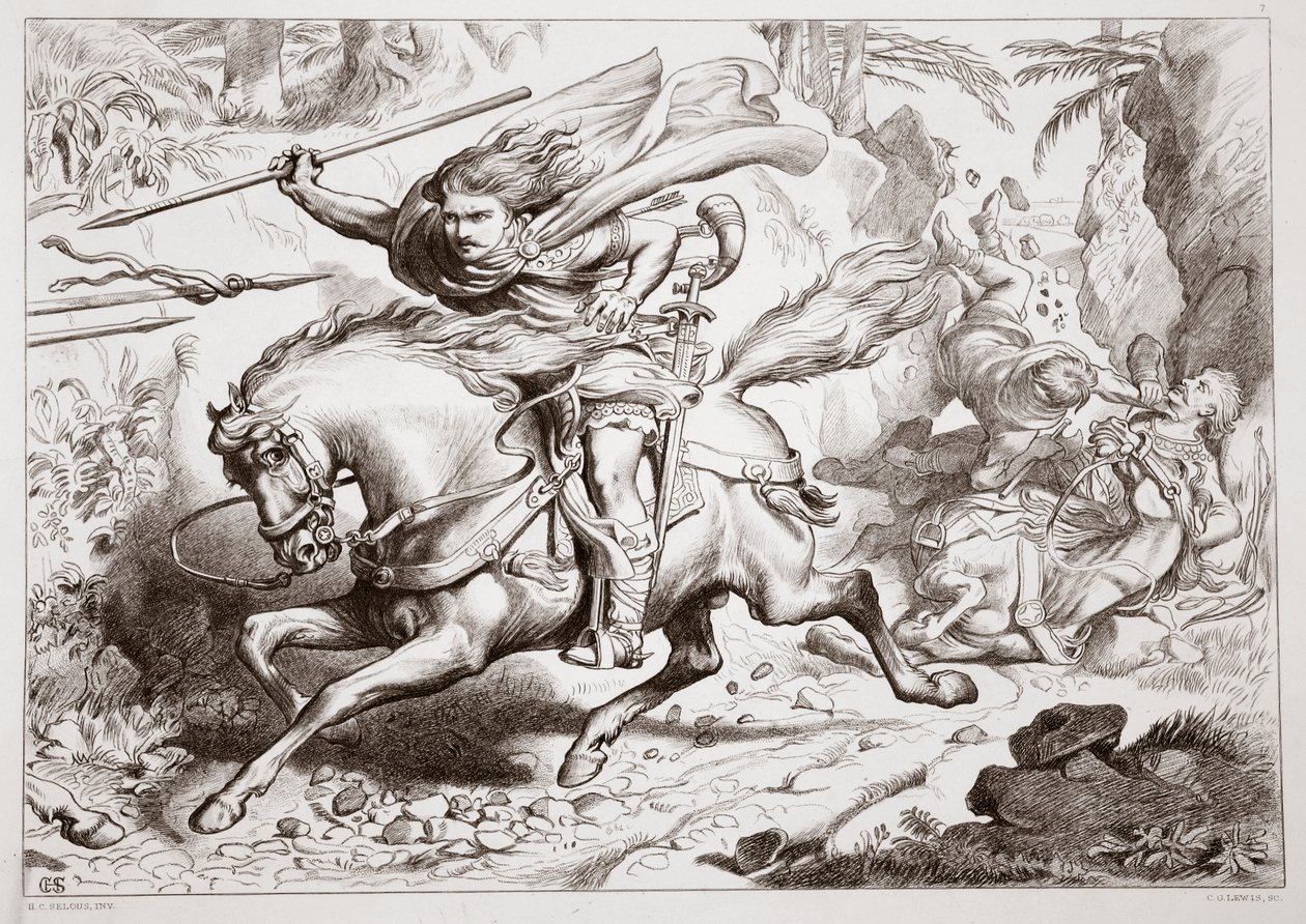 Hur Hereward fastnade i en fälla, illustration från Hereward the Great av Charles Kingsley, pub. 1870, graverad av C.G. Lewis (stålplåtsgravyr) av Henry Courtney Selous