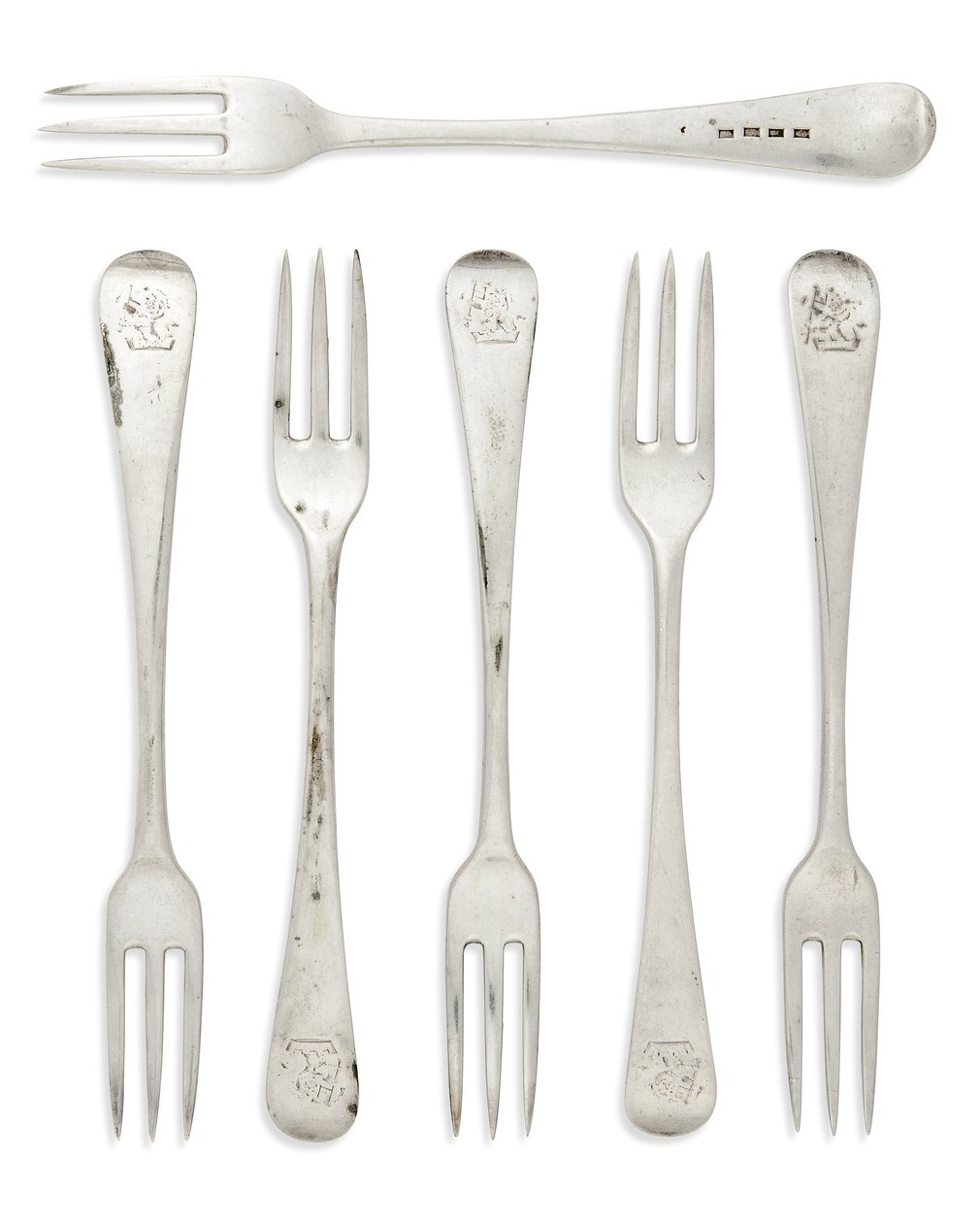 Set med George III koloniala efterrättsgafflar i gammalt engelskt mönster, Gibraltar, ca 1790 (silver) av Henry Cowper