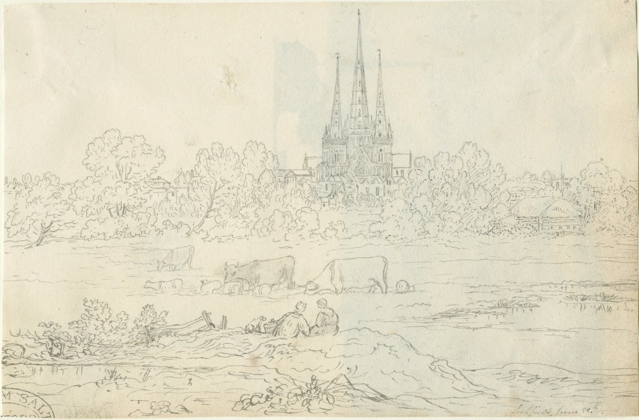 Lichfield Cathedral - East View: penn- och bläckteckning, 20 juni [c 1820] (ritning) av Henry Curzon Allport