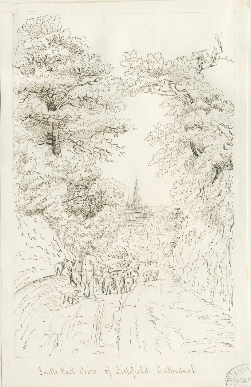 Lichfield Cathedral - South East View (avlägsen): pennteckning, nd [19th cent] (ritning) av Henry Curzon Allport