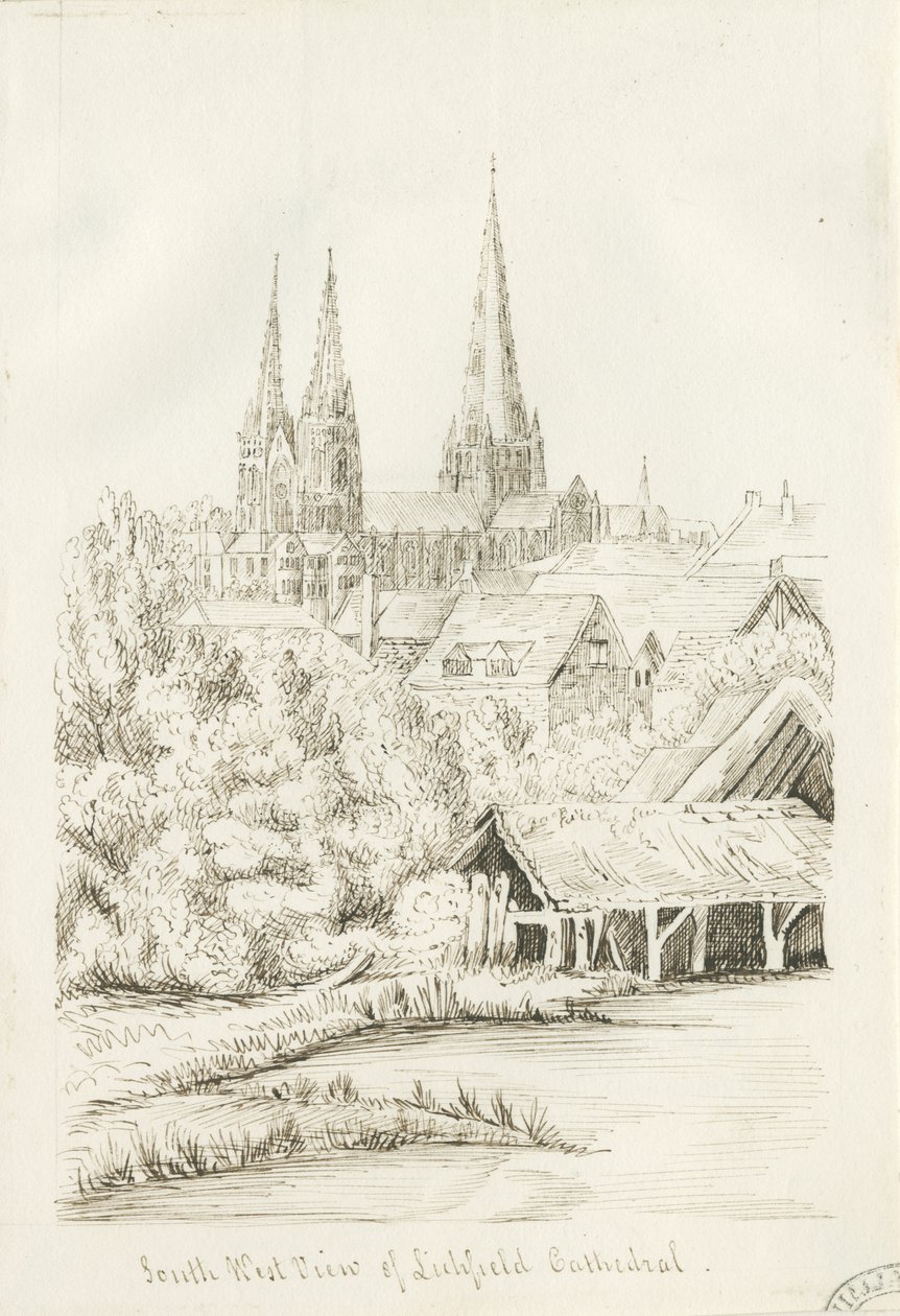 Lichfield Cathedral - South West View: pennteckning, nd [?1788-1855] (teckning) av Henry Curzon Allport