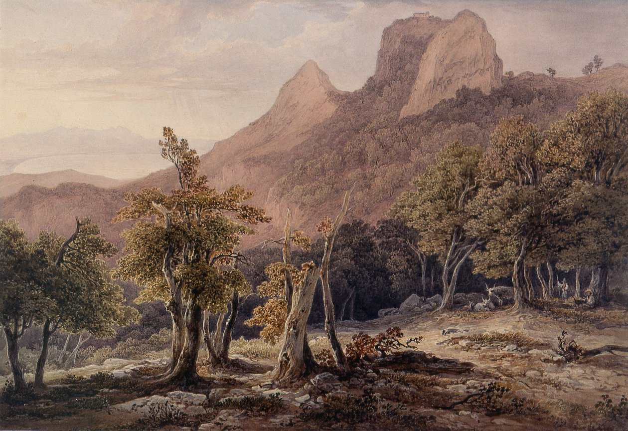 Stenigt landskap med figurer och en sjö i bakgrunden av Henry Curzon Allport