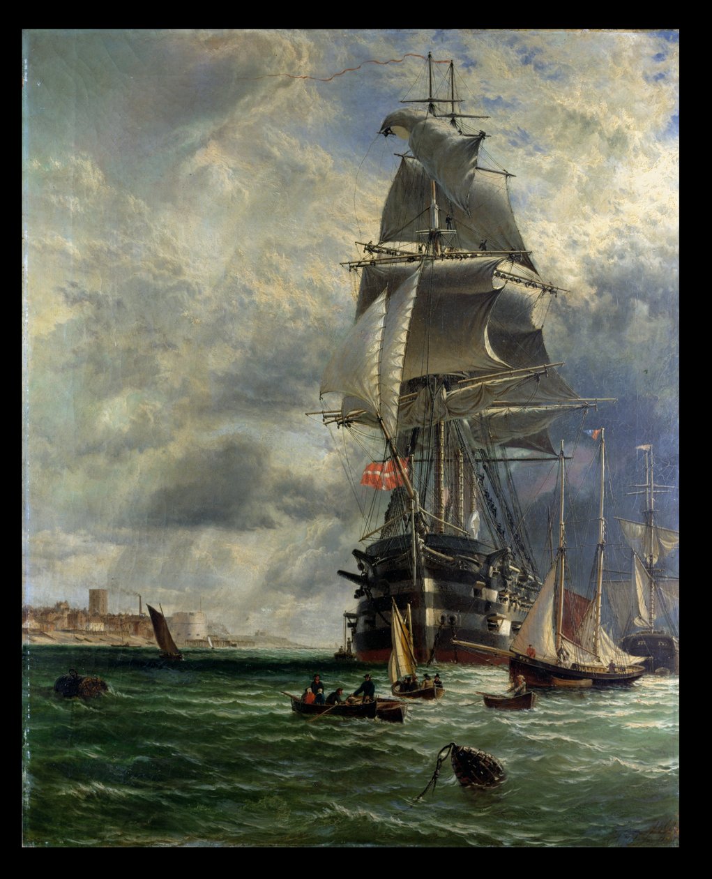 H.M.S. St. Vincent vid hennes förtöjningsplatser utanför ingången till Haslar Creek, Portsmouth, 1868 av Henry Dawson