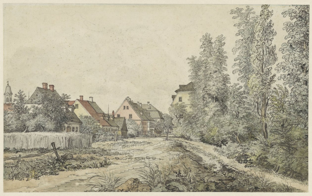 Byväg med hus (i Tyskland?) av Henry Edridge
