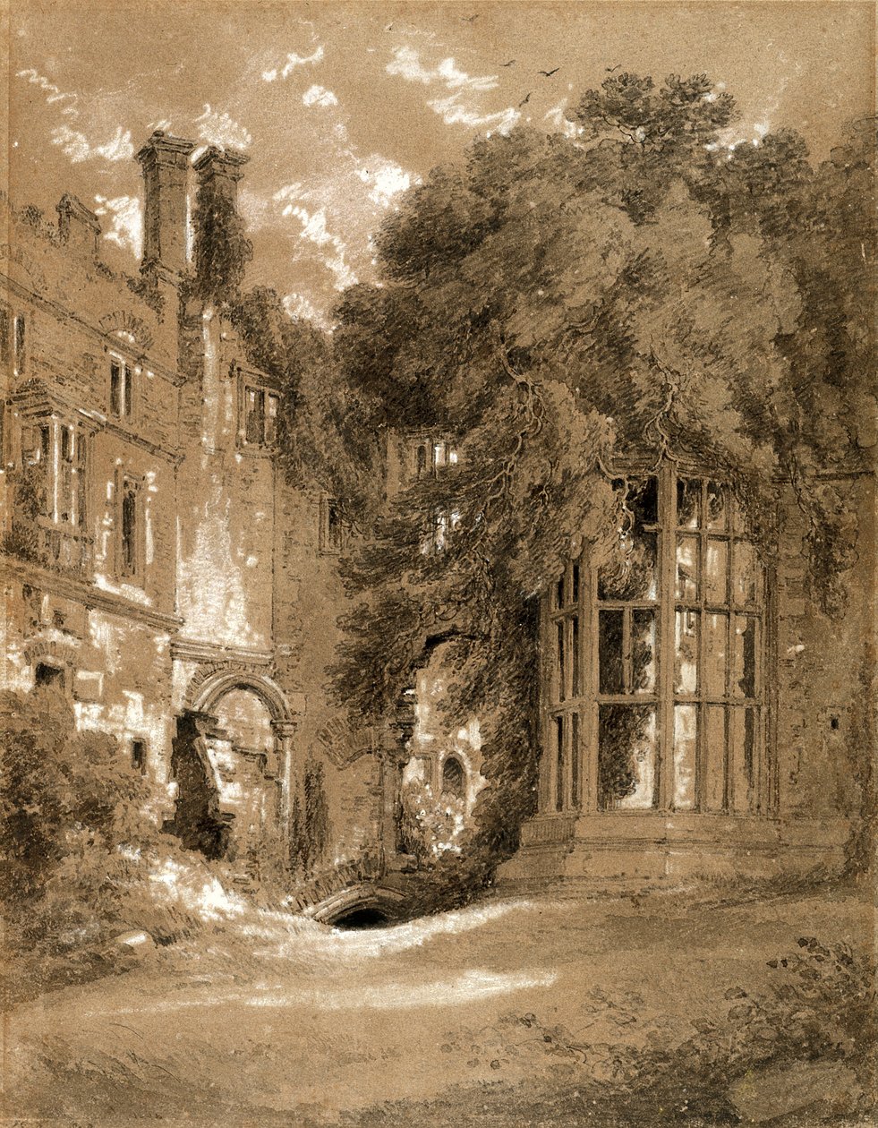 Kenilworth Castle (svart krita med grå tvätt förhöjd med vitt på brunt papper) av Henry Edridge