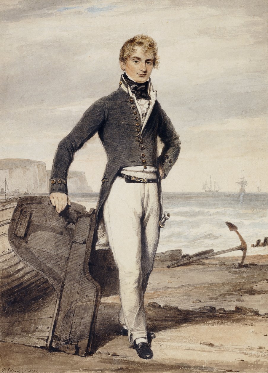 Porträtt av Edward Pocock R.N., liten hellängd, stående bredvid en strandad roddbåt vid lågvatten, av Henry Edridge