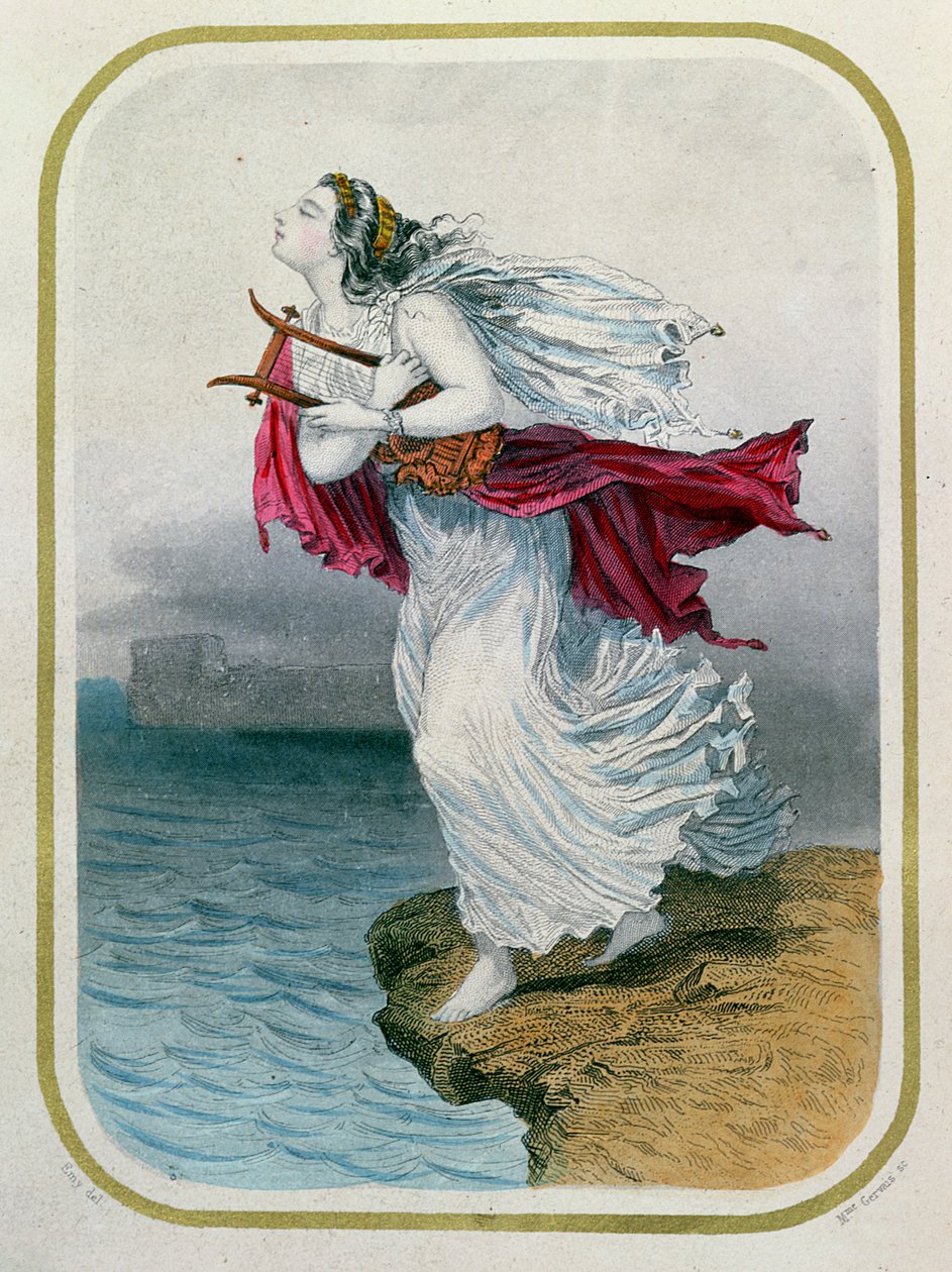 Poetinnan Sappho som kastar sig i havet, graverad av Mme Gervais, 1849 av Henry Emy