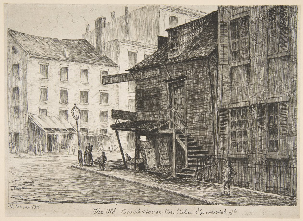 Det gamla strandhuset, hörnet av Cedar Street och Greenwich Street, ur ”Scener från gamla New York” av Henry Farrer