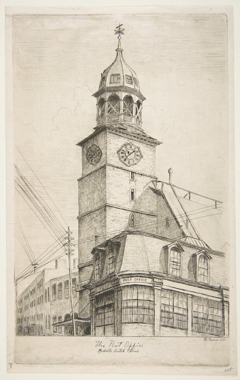 Postkontoret, Middle Dutch Church från Scenes of Old New York, 1870. av Henry Farrer