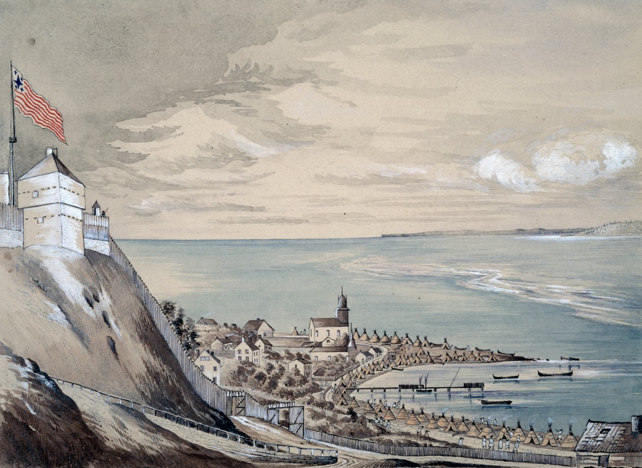 Fortet och byn Mackinaw, med det indiska lägret, september 1842 (wc på papper) av Henry Francis Ainslie