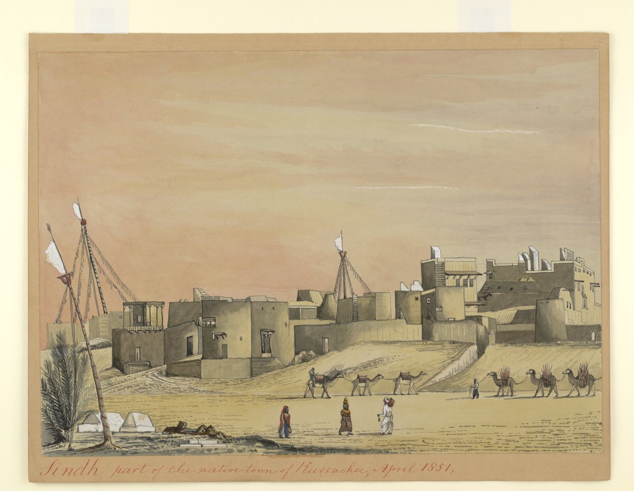 Del av ursprungsstaden Kurachee (Karachi), april 1851 (akvarell på papper) av Henry Francis Ainslie