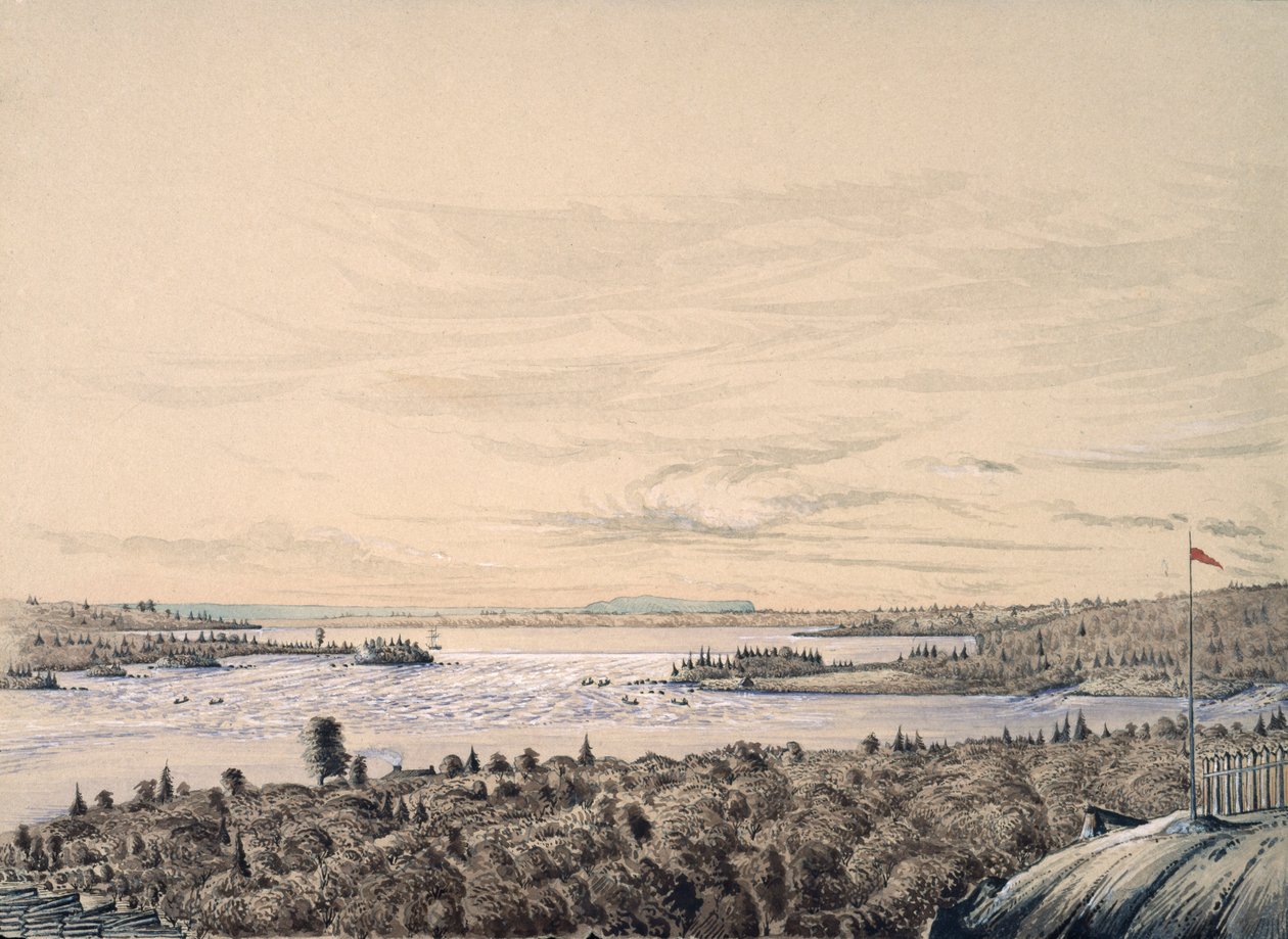 Sault de Ste. Marie mellan sjöarna Huron och Superior, 1842 (wc på papper) av Henry Francis Ainslie