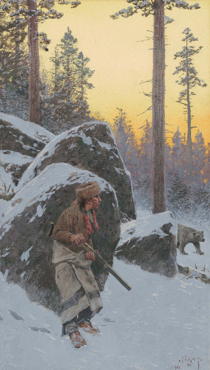 The Indian Bear Hunter, 1911 (akvarell på papper monterad ombord) av Henry Francois Farny