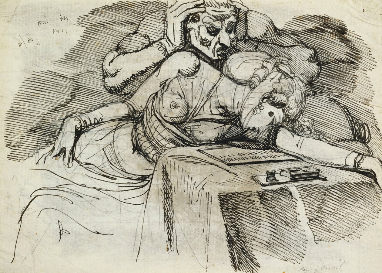 En kvinna som svimmar vid ett skrivbord, med en hotfull figur bakom av Johann Heinrich Füssli