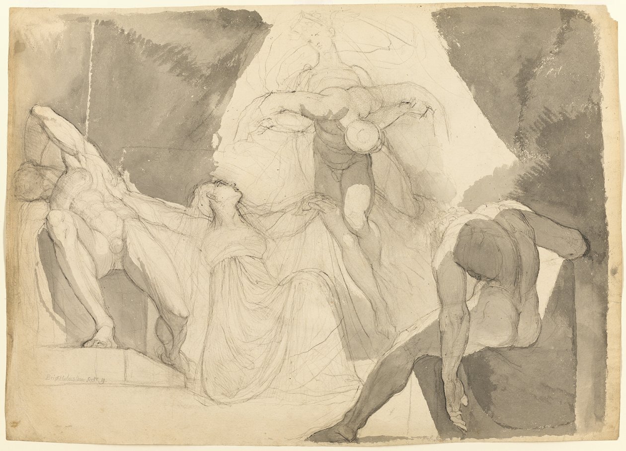 Med hjälp av Eeriboia bär Hermes bort de utmattade arerna från Aloeus sovande söner (recto); Skiss av en av Aloeus sovande söner (verso) av Johann Heinrich Füssli