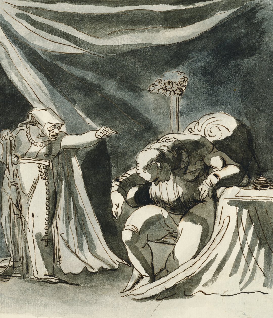 En gammal kvinna som bär en radband som förbannar en sittande man; Möjligen drottning Margaret som förbannar hertigen av Gloucester, av Johann Heinrich Füssli